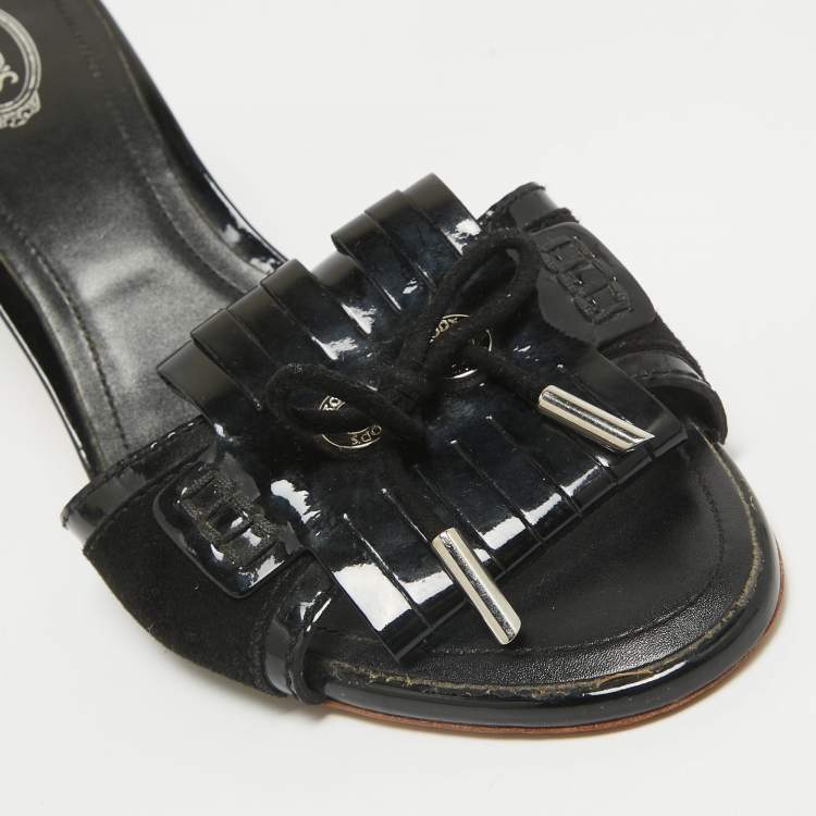Pre Owned Tod's Black Patent Leather and Suede Fringe Slide Sandals Size 38.5