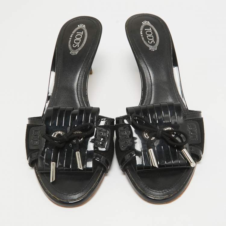 Pre Owned Tod's Black Patent Leather and Suede Fringe Slide Sandals Size 38.5