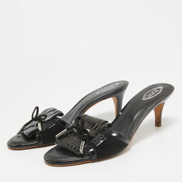 Pre Owned Tod's Black Patent Leather and Suede Fringe Slide Sandals Size 38.5