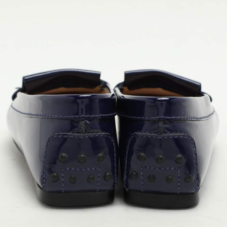 Pre Owned Tod's Blue Patent Leather Fringe Detail Loafers Size 35.5