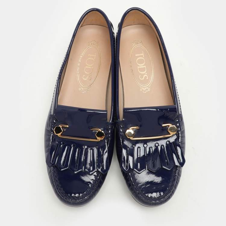 Pre Owned Tod's Blue Patent Leather Fringe Detail Loafers Size 35.5