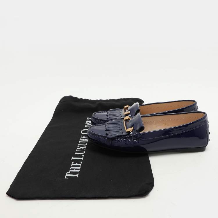 Pre Owned Tod's Blue Patent Leather Fringe Detail Loafers Size 35.5