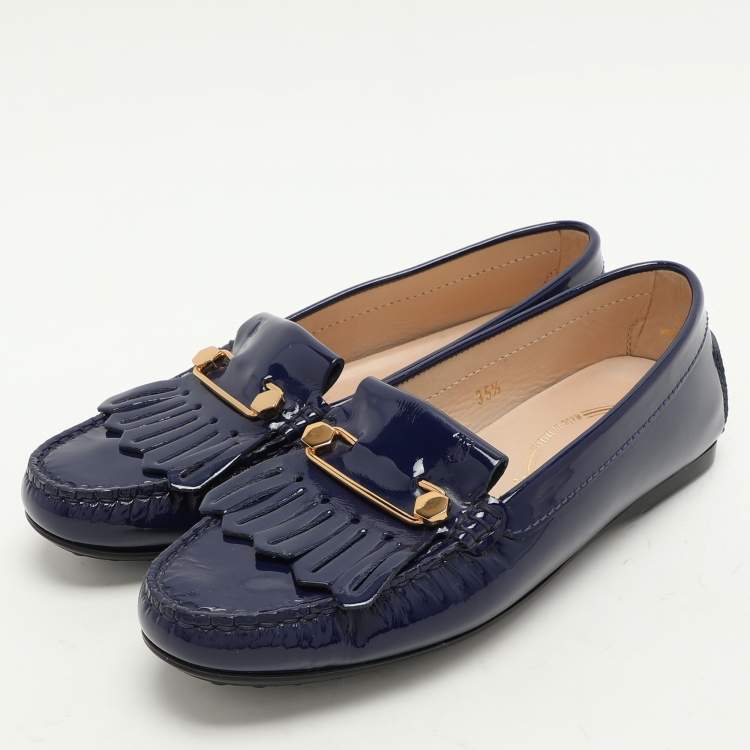 Pre Owned Tod's Blue Patent Leather Fringe Detail Loafers Size 35.5