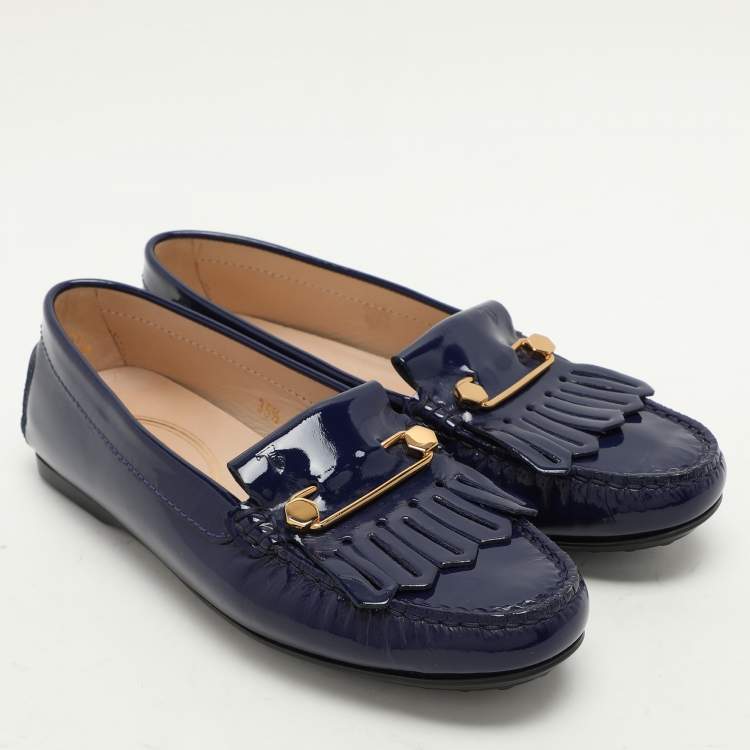 Pre Owned Tod's Blue Patent Leather Fringe Detail Loafers Size 35.5