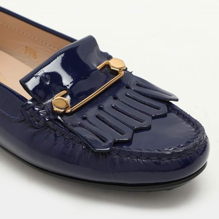 Pre Owned Tod's Blue Patent Leather Fringe Detail Loafers Size 35.5