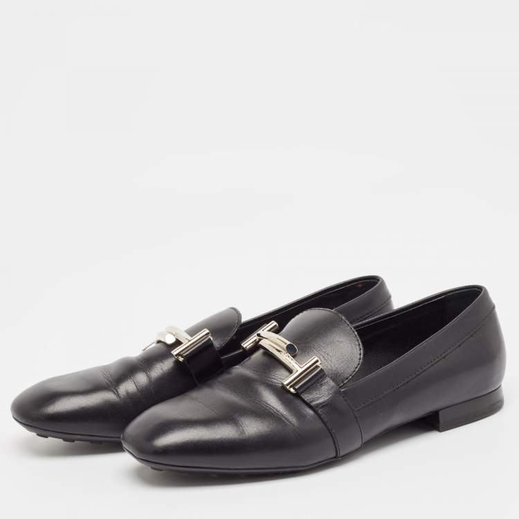 Pre Owned Tod's Black Leather T Logo Slip on Loafers Size 38.5