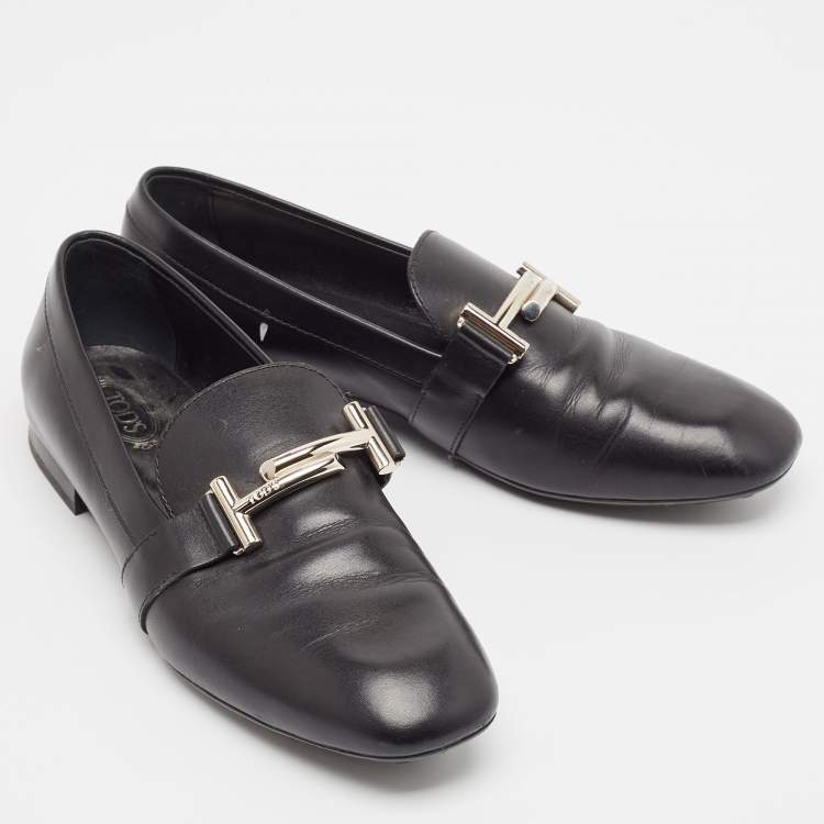 Pre Owned Tod's Black Leather T Logo Slip on Loafers Size 38.5
