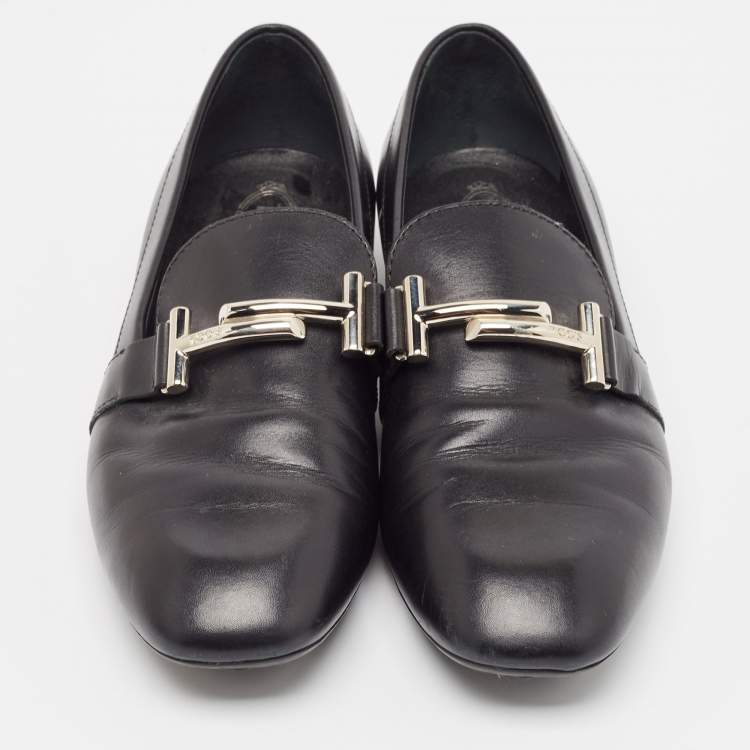 Pre Owned Tod's Black Leather T Logo Slip on Loafers Size 38.5
