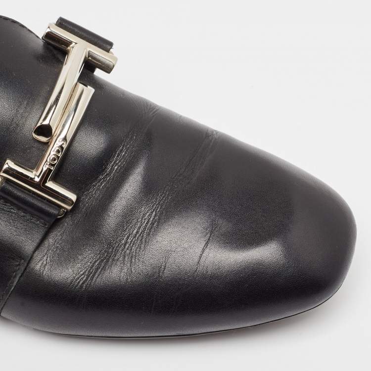 Pre Owned Tod's Black Leather T Logo Slip on Loafers Size 38.5
