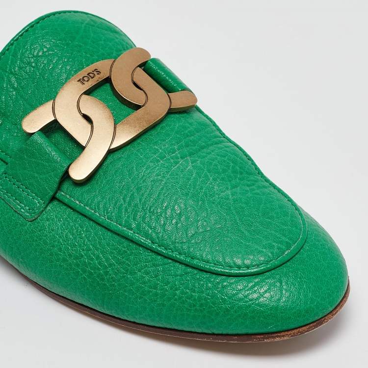 Pre Owned Tod's Green Leather Kate Flat Mules Size 40.5