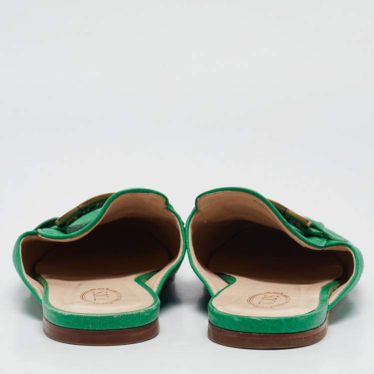 Pre Owned Tod's Green Leather Kate Flat Mules Size 40.5