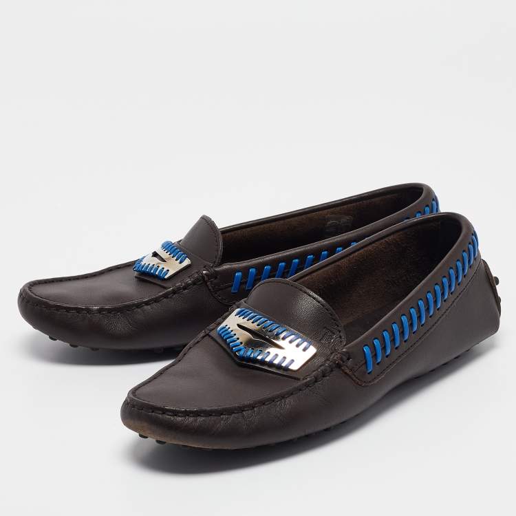 Pre Owned Tod's Dark Brown Leather Whip Stitch Trim Detail Penny Loafers Size 37