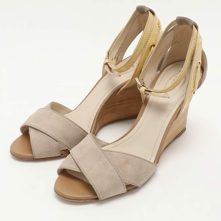 Pre Owned Tod's Grey Suede and Patent Leather Wedge Ankle Strap Sandals Size 37.5