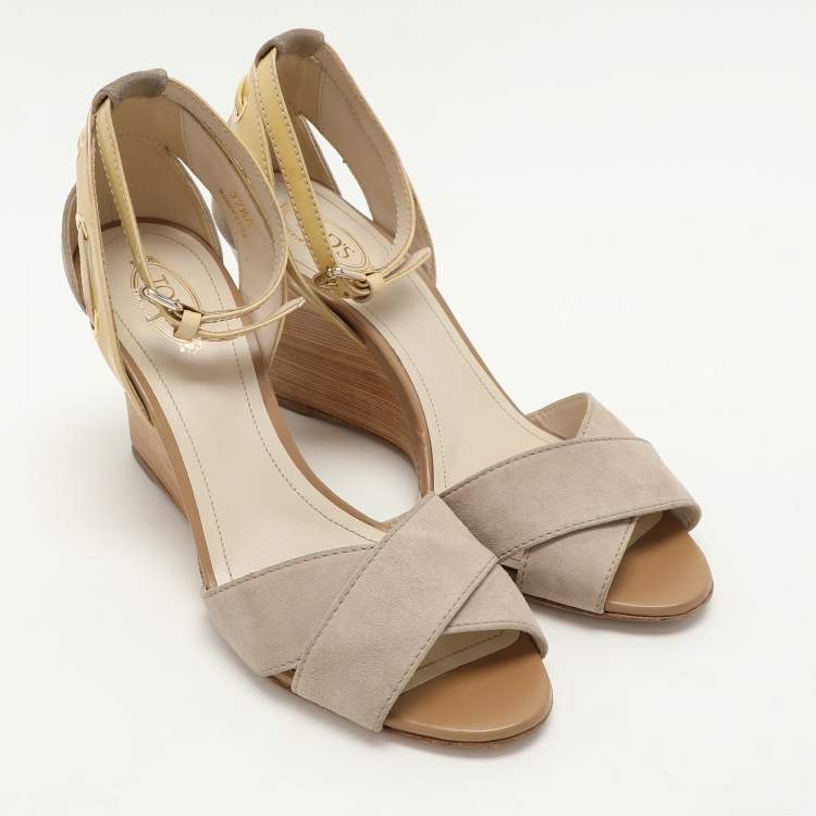 Pre Owned Tod's Grey Suede and Patent Leather Wedge Ankle Strap Sandals Size 37.5