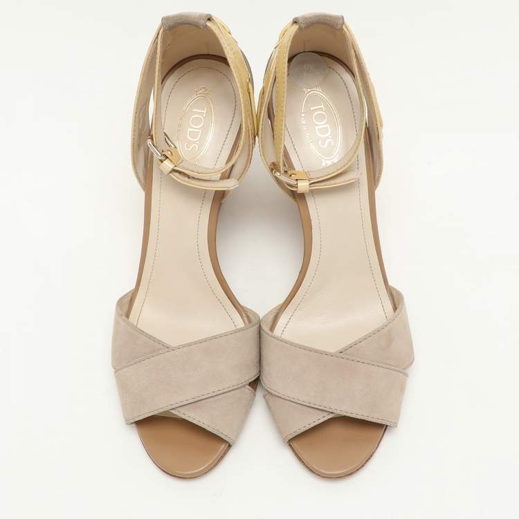 Pre Owned Tod's Grey Suede and Patent Leather Wedge Ankle Strap Sandals Size 37.5