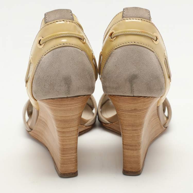 Pre Owned Tod's Grey Suede and Patent Leather Wedge Ankle Strap Sandals Size 37.5