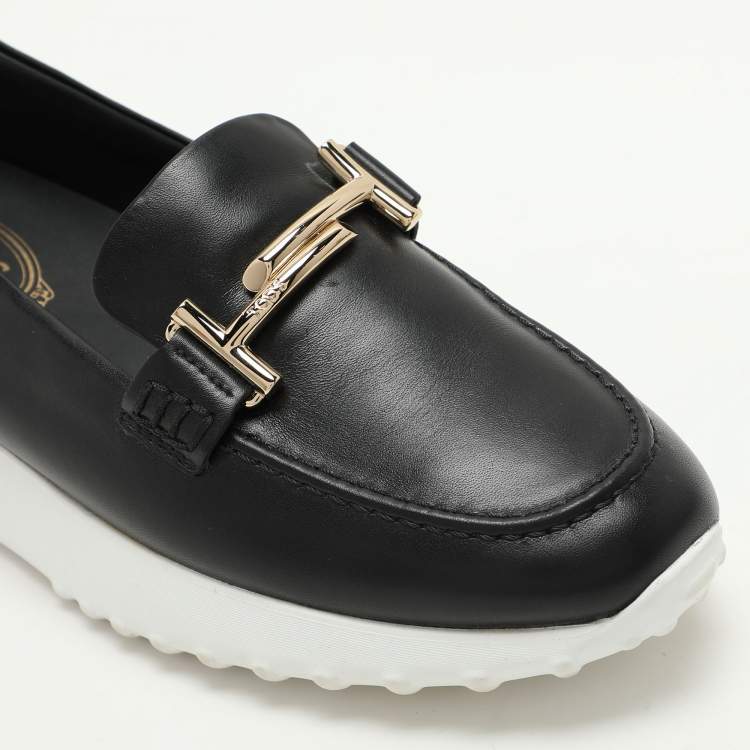 Pre Owned Tod's Black Leather Double T Slip On Loafers Size 38.5