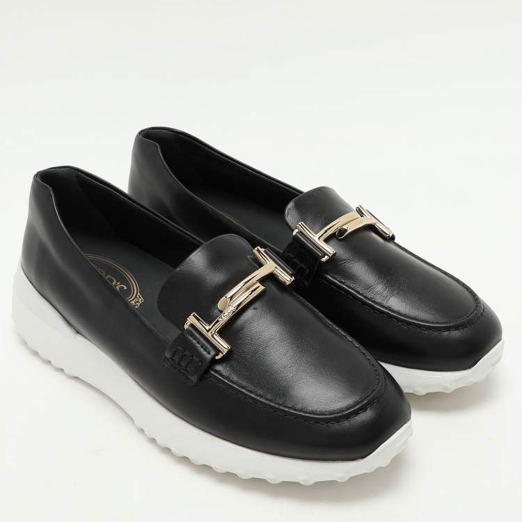 Pre Owned Tod's Black Leather Double T Slip On Loafers Size 38.5
