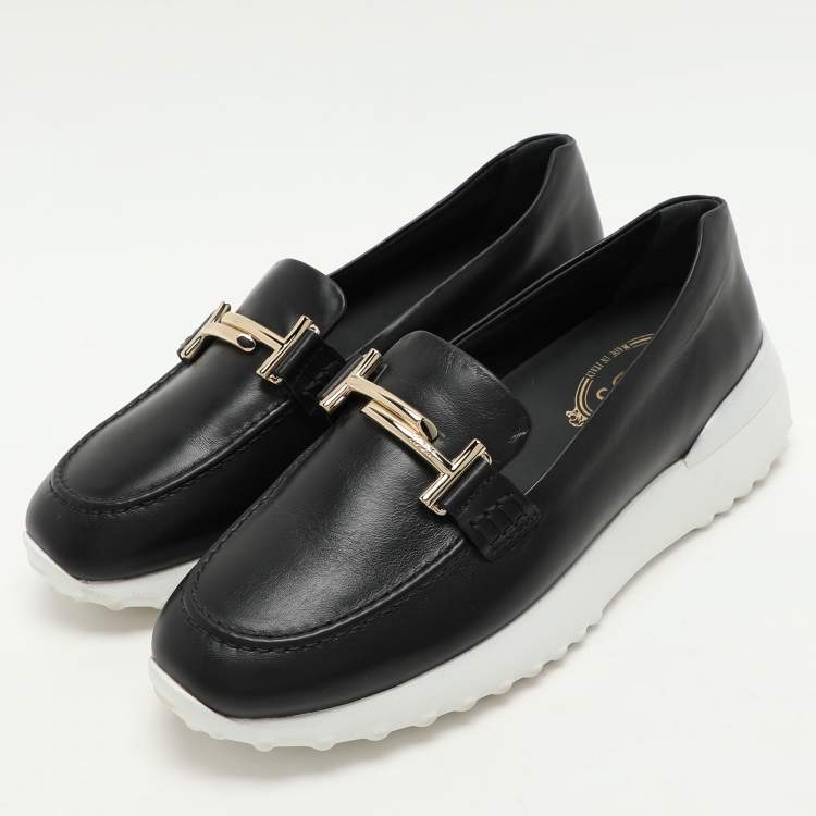 Pre Owned Tod's Black Leather Double T Slip On Loafers Size 38.5