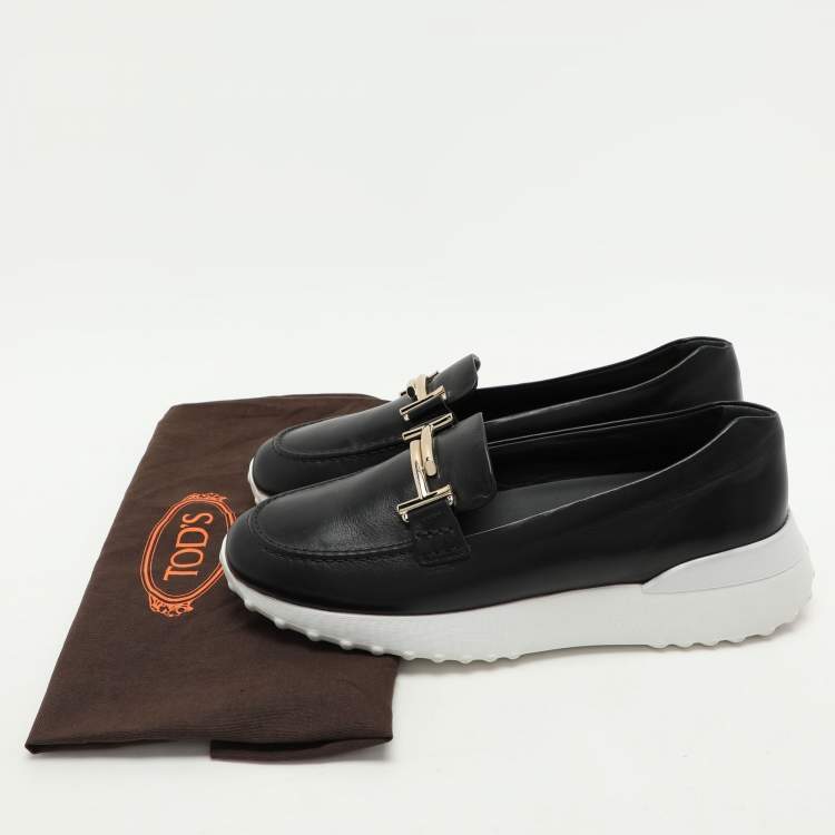 Pre Owned Tod's Black Leather Double T Slip On Loafers Size 38.5