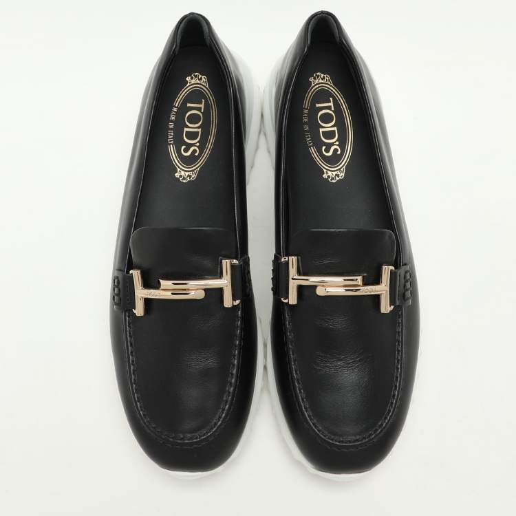 Pre Owned Tod's Black Leather Double T Slip On Loafers Size 38.5