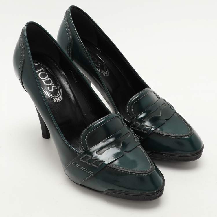 Pre Owned Tod's Green Leather Loafer Pumps Size 39