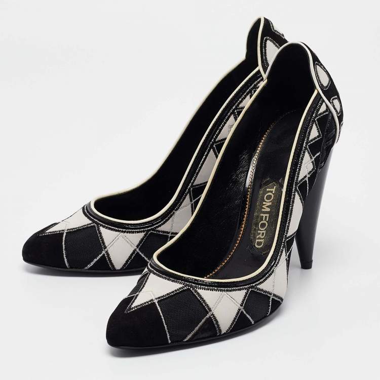 Pre Owned Tod's Black/White Leather and Mesh Pointed Toe Pumps Size 38