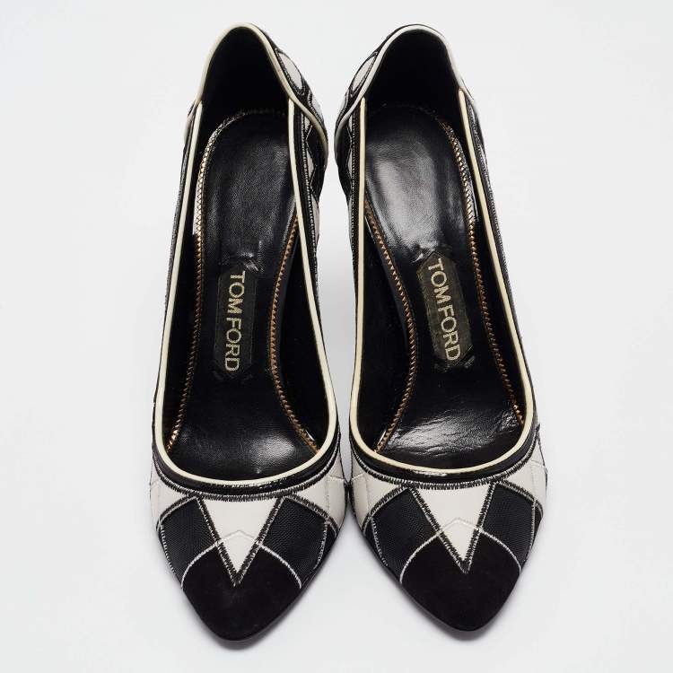 Pre Owned Tod's Black/White Leather and Mesh Pointed Toe Pumps Size 38