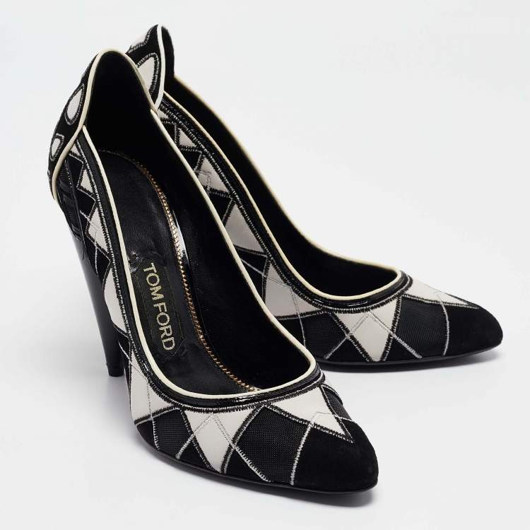 Pre Owned Tod's Black/White Leather and Mesh Pointed Toe Pumps Size 38