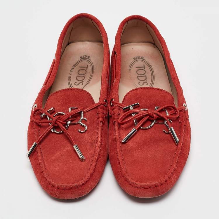 Pre Owned Tod's Red Suede Penny Loafers Size 38.5