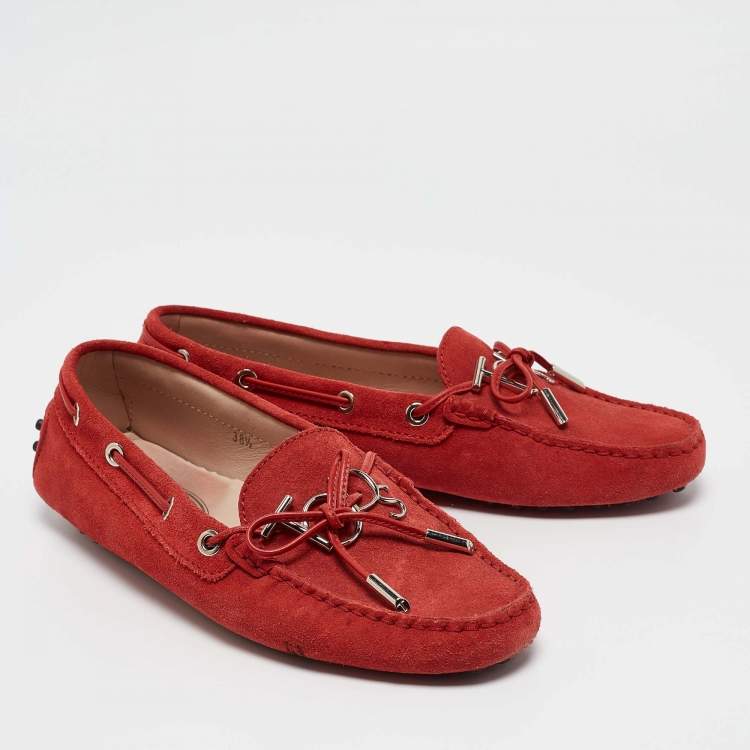 Pre Owned Tod's Red Suede Penny Loafers Size 38.5