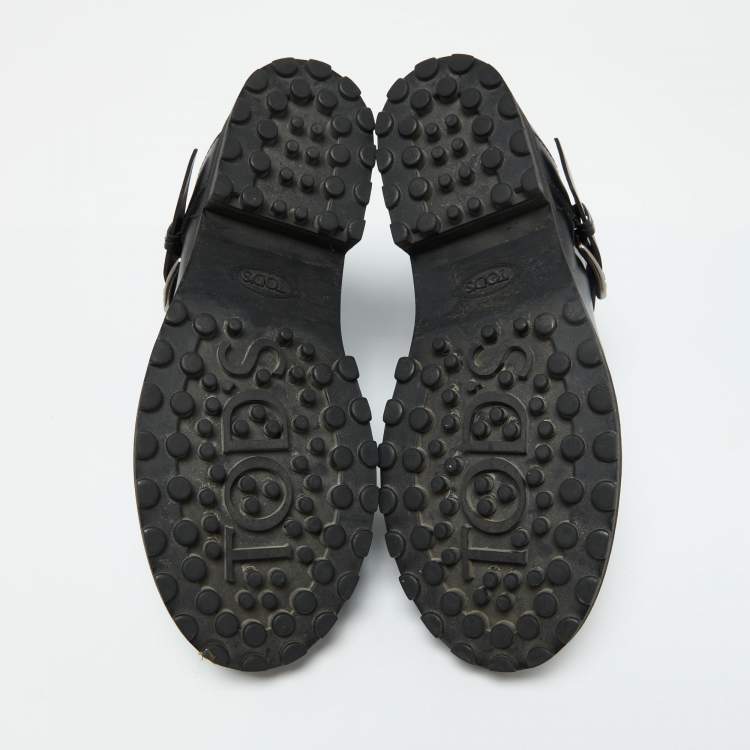 Pre Owned Tod's Black Leather Buckle Accented Combat Ankle Length Boots Size 39