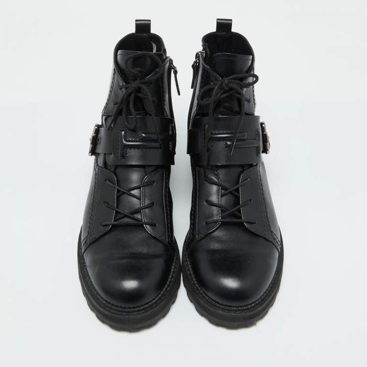Pre Owned Tod's Black Leather Buckle Accented Combat Ankle Length Boots Size 39