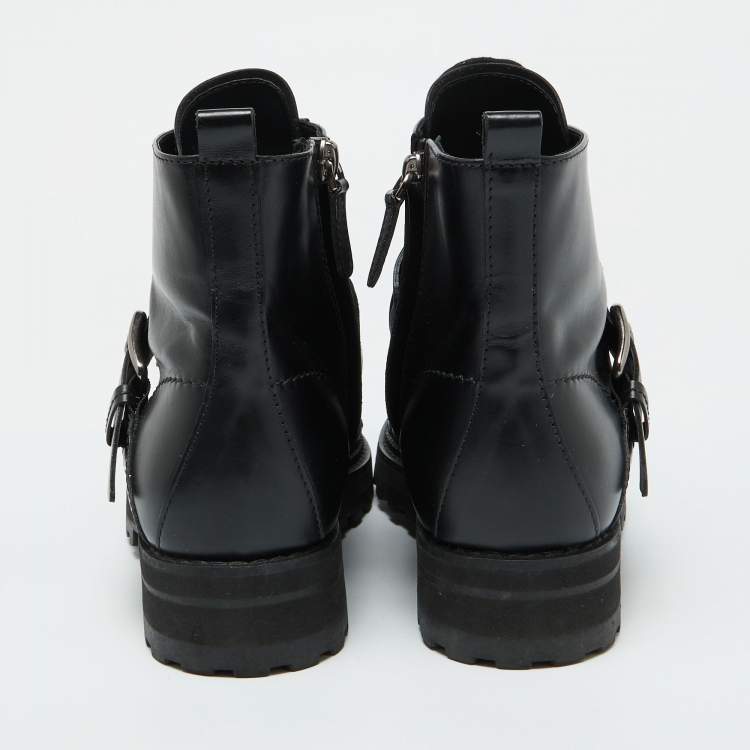Pre Owned Tod's Black Leather Buckle Accented Combat Ankle Length Boots Size 39