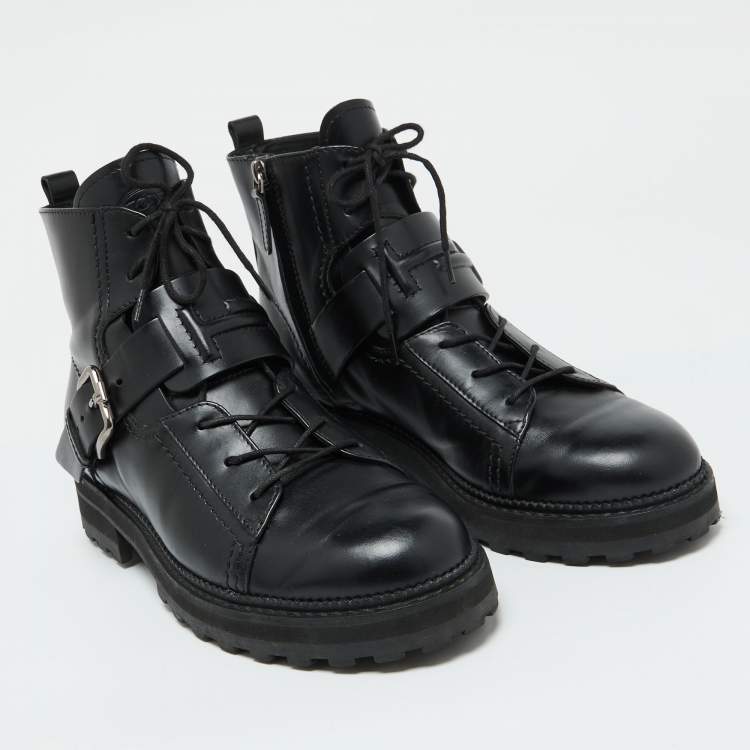Pre Owned Tod's Black Leather Buckle Accented Combat Ankle Length Boots Size 39