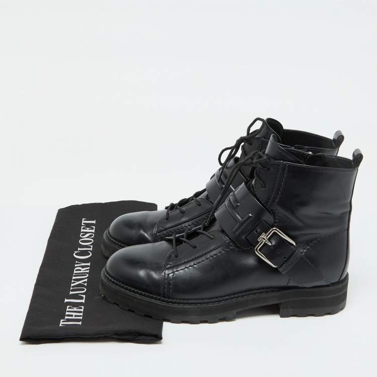 Pre Owned Tod's Black Leather Buckle Accented Combat Ankle Length Boots Size 39