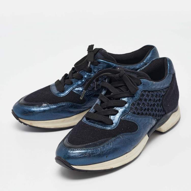 Pre Owned Tod's Blue/Black Leather and Mesh Lace Up Sneakers Size 38.5
