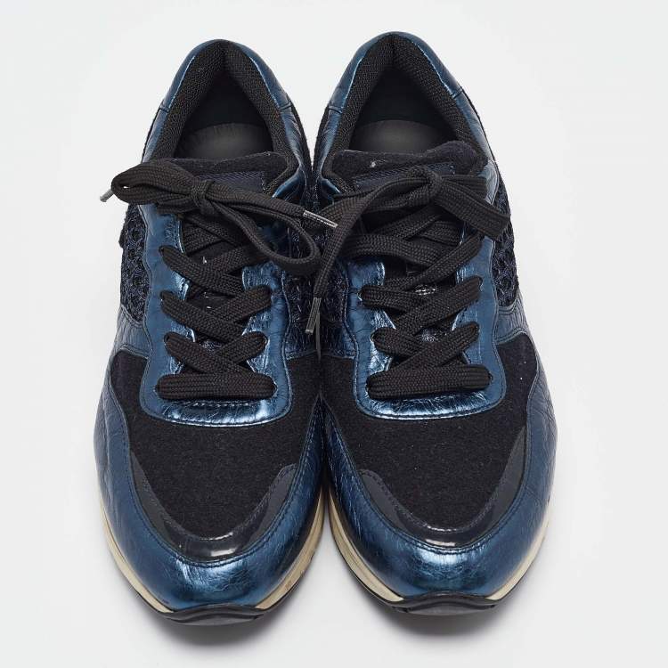 Pre Owned Tod's Blue/Black Leather and Mesh Lace Up Sneakers Size 38.5