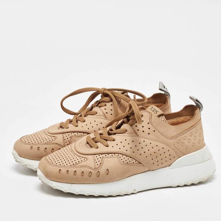 Pre Owned Tod's Beige Nubuck Leather Perforated Sportivo Sneakers Size 37.5