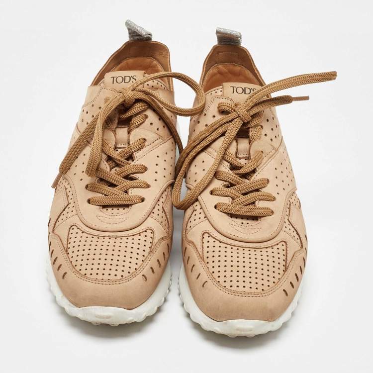 Pre Owned Tod's Beige Nubuck Leather Perforated Sportivo Sneakers Size 37.5