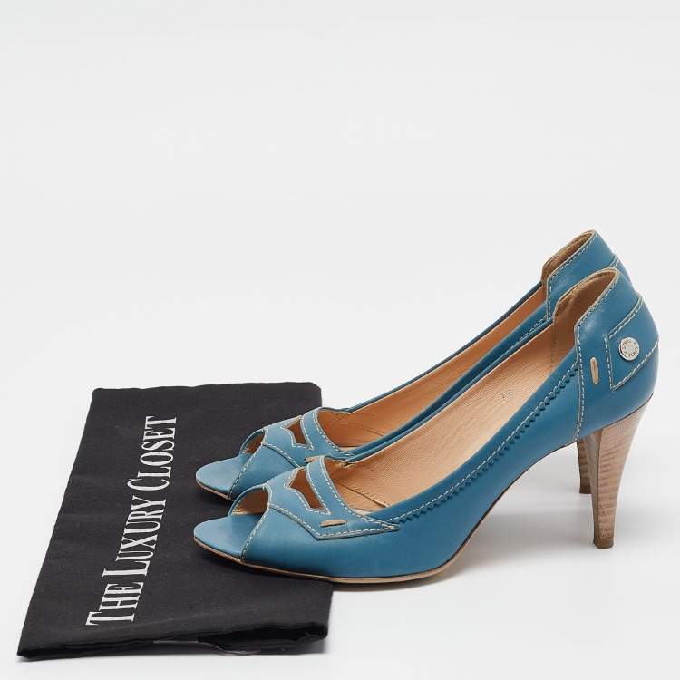 Pre Owned Tod's Blue Leather Peep Toe Pumps Size 38