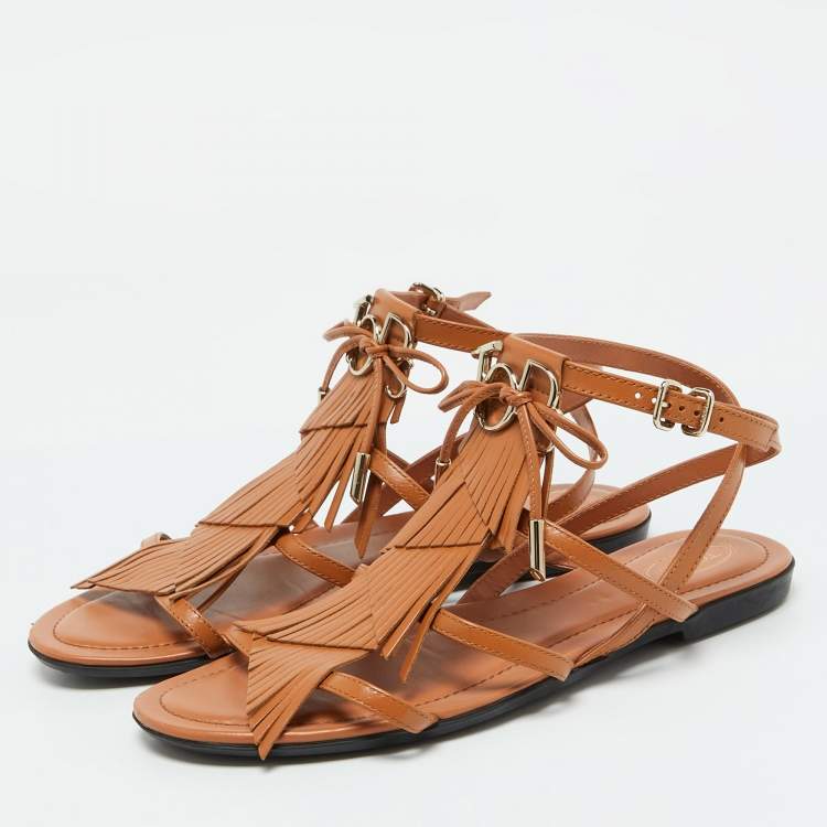 Pre Owned Tod's Tan Leather Fringe Logo Bow Flat Sandals Size 38.5