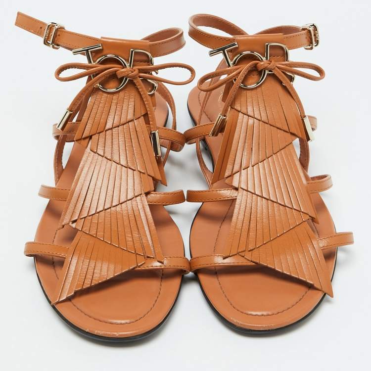Pre Owned Tod's Tan Leather Fringe Logo Bow Flat Sandals Size 38.5
