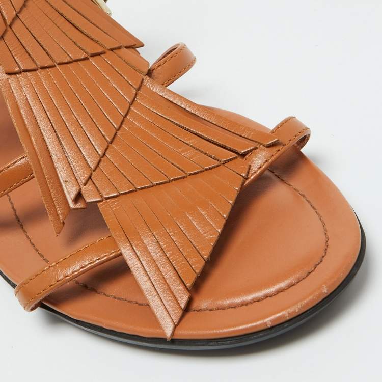 Pre Owned Tod's Tan Leather Fringe Logo Bow Flat Sandals Size 38.5