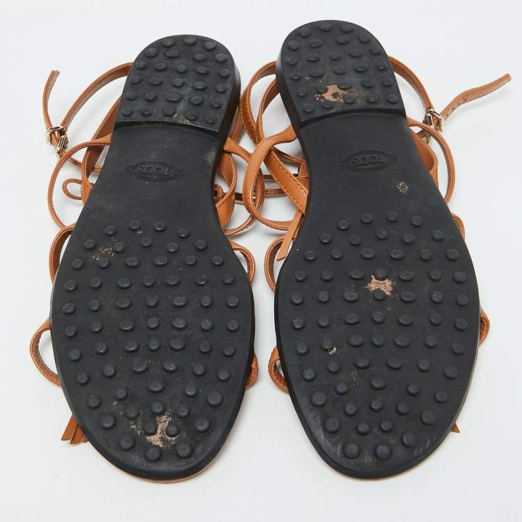 Pre Owned Tod's Tan Leather Fringe Logo Bow Flat Sandals Size 38.5