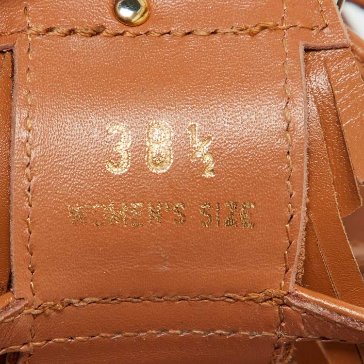 Pre Owned Tod's Tan Leather Fringe Logo Bow Flat Sandals Size 38.5