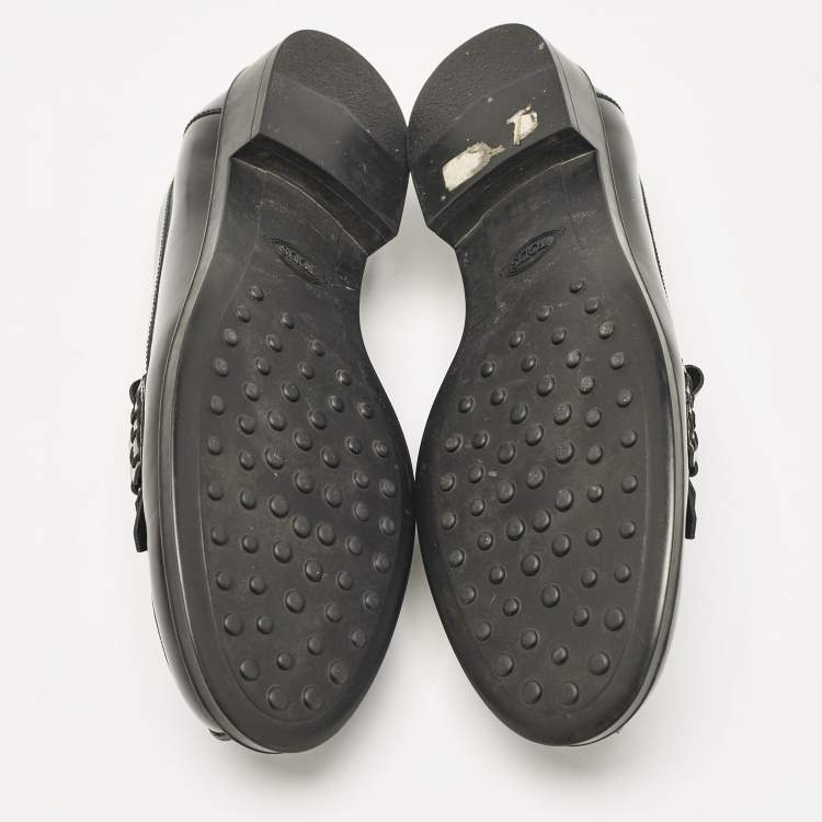 Pre Owned Tod's Black Leather Double T Fringed Loafers Size 37