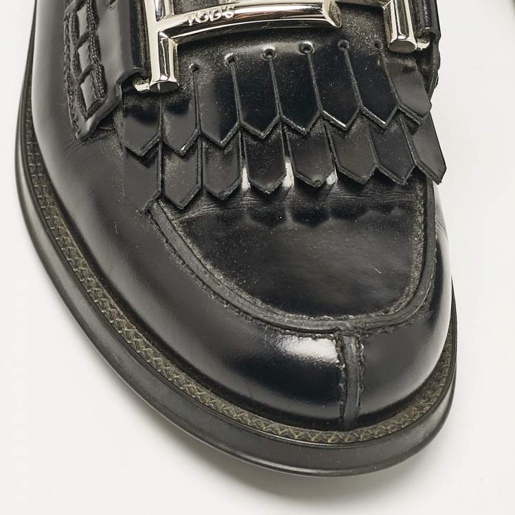 Pre Owned Tod's Black Leather Double T Fringed Loafers Size 37