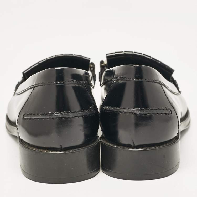 Pre Owned Tod's Black Leather Double T Fringed Loafers Size 37