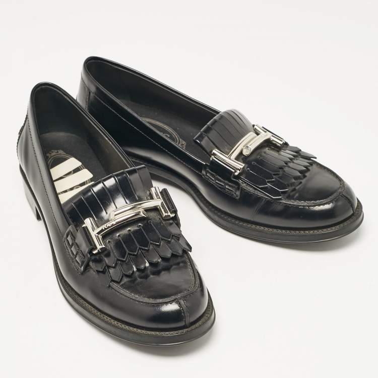 Pre Owned Tod's Black Leather Double T Fringed Loafers Size 37